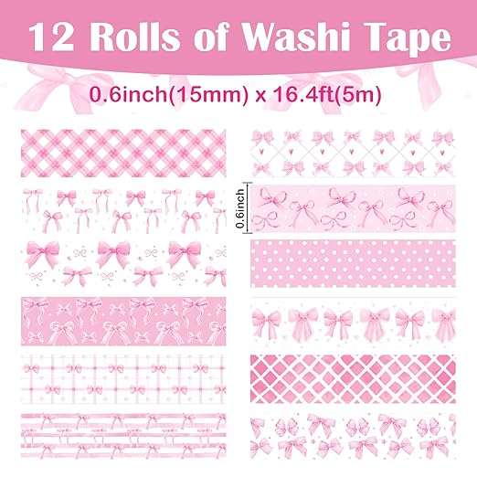 12 Rolls Pink Bow Washi Tape, Bowknot Plaid Adhesive Masking Tapes Decorative Pink Coquette Paper Tape for Scrapbook Journal Planners DIY Art Crafts Gift Wrapping 16.4FT