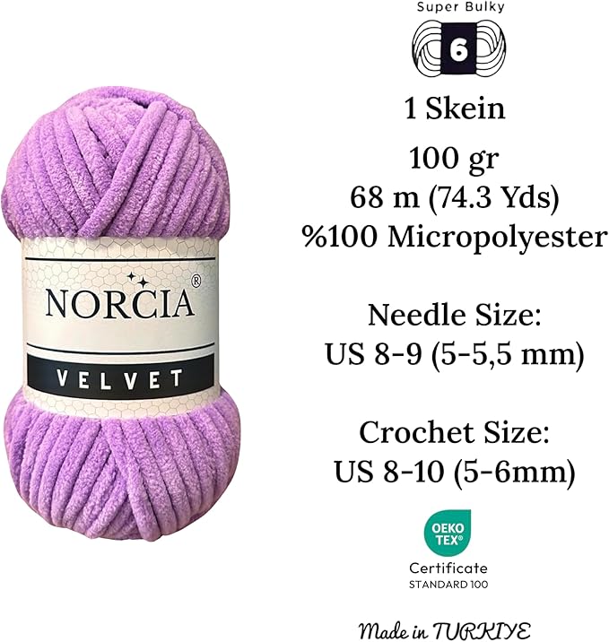 Soft Velvet Chenille Yarn for Crocheting, Knitting, Amigurumi, Weaving - Super Bulky Baby Blanket Yarn (Lavender, 1 Skein)