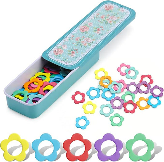 Jmuiiu Flower Metal Stitch Markers, 50Pcs Metal Colorful Crochet Stitch Markers for Knitting Crocheting Clothing Tag DIY Craft Project with Storage Box
