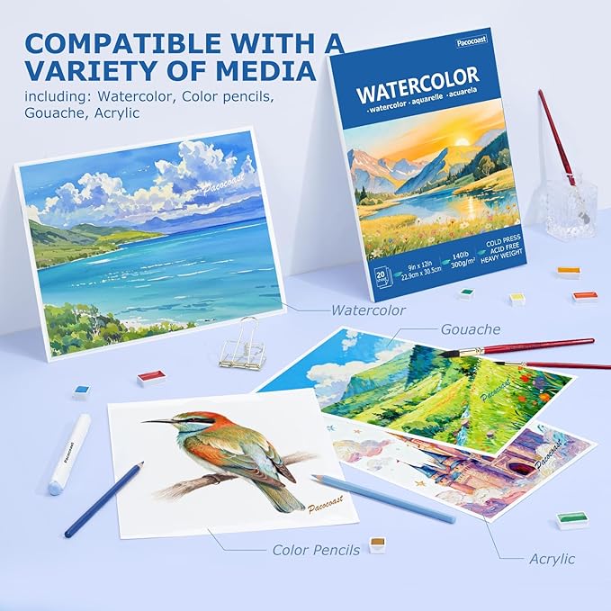 Pacocoast Watercolor Paper Pads, 9"X12" (300gsm/140lb) Cold Press Water Color Sketchbook, 20 Sheets. Perfect for Wet & Dry Media, Painting, Drawing. Ideal Art Supplies for Adults, Blue