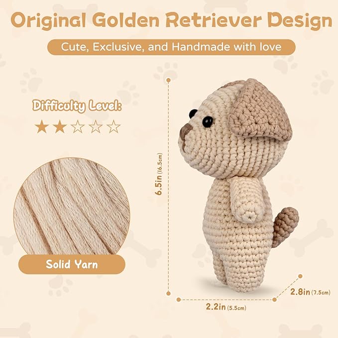 Crochet Kit for Beginners – Easy-to-See Stitches Yarn, Pre-Started Piece, and Step-by-Step Video Tutorials | Starter Crochet Set with Cute Animal Pattern – Original Handmade Golden Retriever Pattern