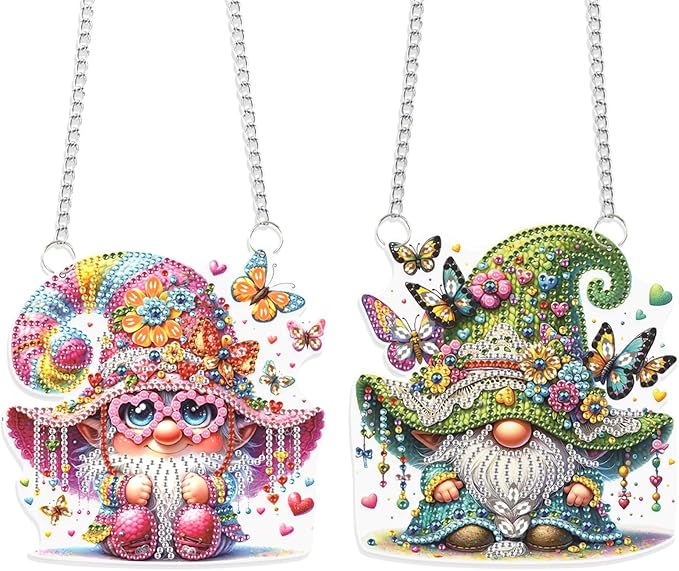 JISHSHAY 2 PCS Diamond Painting Pendant Gnome Diamond Art Wind Chimes Special Shaped Diamond Painting Diamond Art Dwarf Diamond Painting Hanging Diamond Art Window Clings for Window Wall Door Decor