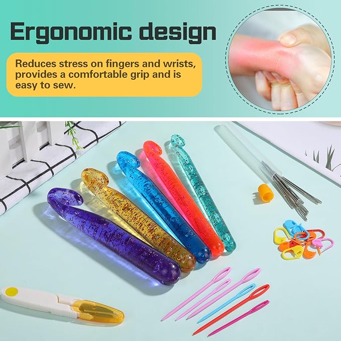 Qmnnma Large Crochet Hooks, 5 Large Crochet Set, 12mm-25mm Crochet Hooks, Huge Crochet Hooks, Colorful Transparent Crystal Large Crochet Hook for Crocheting Yarn, Chunky Yarn, DIY Crafts