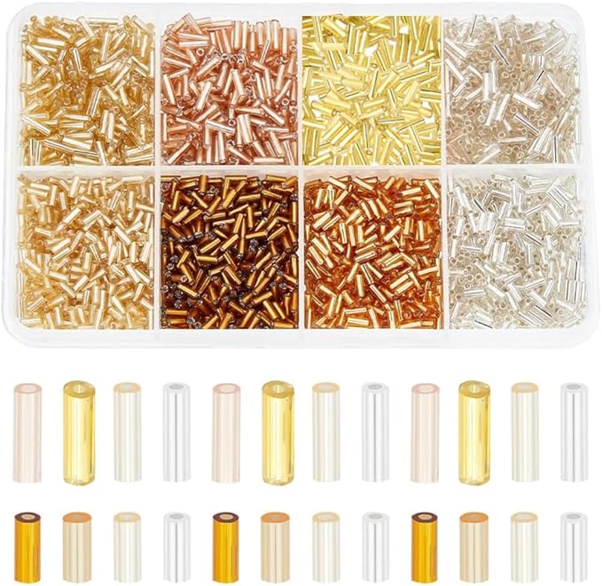 PH PandaHall 2120pcs 8 Styles Glass Bugle, Metallic Seed Beads 4mm 6mm Tube Craft Loose Spacer for Earrings Bracelets Necklaces Waist Chain Jewelry Making, Hole 1mm