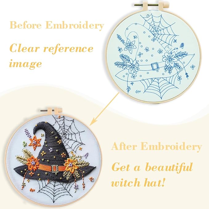 Floral Witch Hat Embroidery Kit Halloween Cross Stitch Material Set with Bat Skull Flower Pumpkin Patterns, DIY Hand Needlepoint Embroidery Craft Kit for Beginners Professional (Floral Cauldron A)