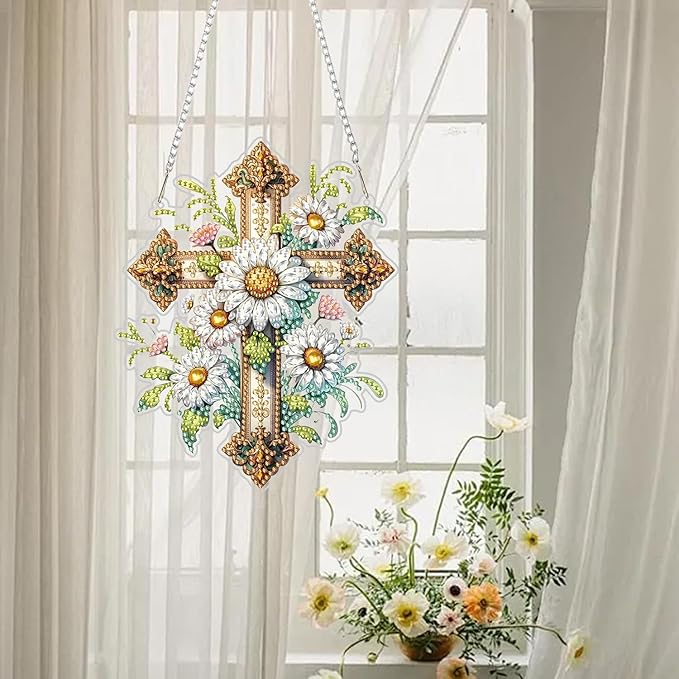 RYMILIE Diamond Art Hanging Kit for Adult,Special Shaped Rhinestone,Double Sided 5D DIY Acrylic Diamond Art Painting Window Pendants Home Garden Wall Hanging Kits Hanging Ornament (Cross)