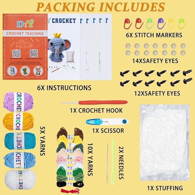 Crochet Animal Kit – 6 PCS Crochet Kit for Beginners, Knitting Kit with Step by Step Videos, Yarn, Crochet Hook, Knitting Kit for Beginners, Great Birthday Holiday Gift (Crochet 2)
