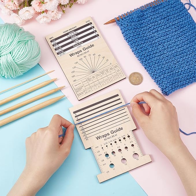 BENECREAT 2Pcs Rectangle Wooden Knitting Needle Gauge, Yarn Wrap Guide Board Knitting Tool for Spinners Yarn Measuring Crochet Accessories