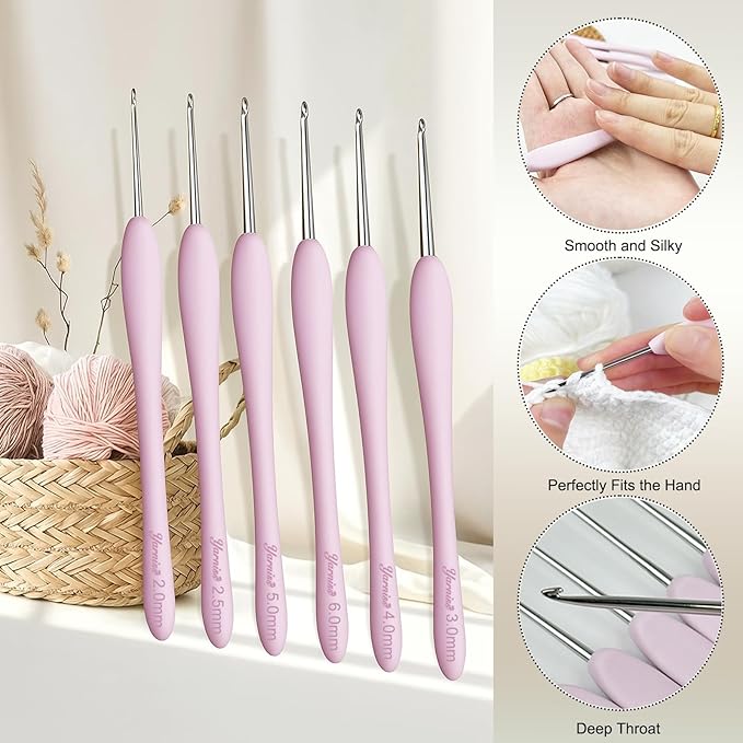 Yarniss 6.0mm Stainless Steel Crochet Hook with Deep Throat, Ergonomic Crochet Hook with Grip for Arthritic Hands, Pointed Crochet Head