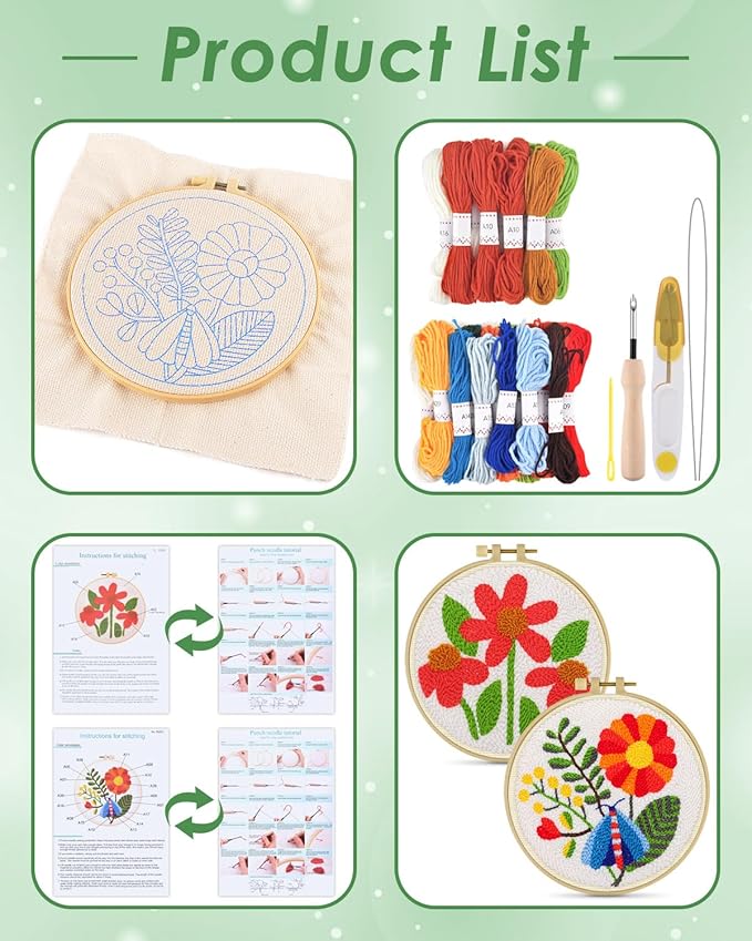 ERKOON Punch Needle Kit Adults Beginners, 2 Pcs DIY Easy Flower Embroidery Set for Starter Art Craft, Needling Punching Project with Patterns, Tools, Yarns, Hoop, Instruction (Safflower)