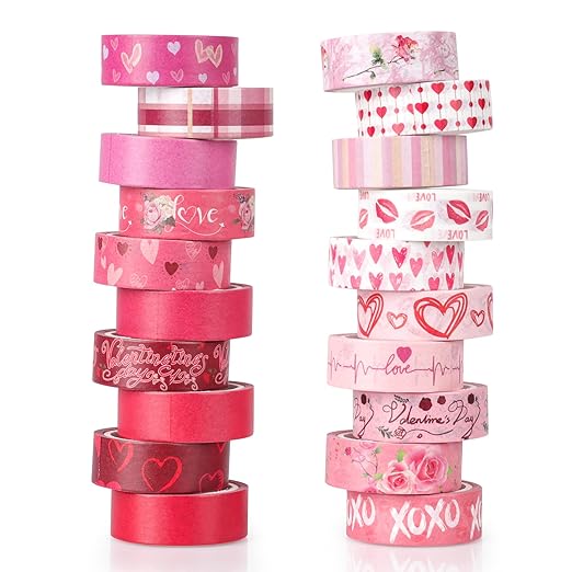 Pink Decorative Tape Set 20 Rolls Heart Floral Washi Tape Aesthetic DIY Valentines Masking Tape for Kids Craft Notebook Scrapbooking & Stamping Supplies