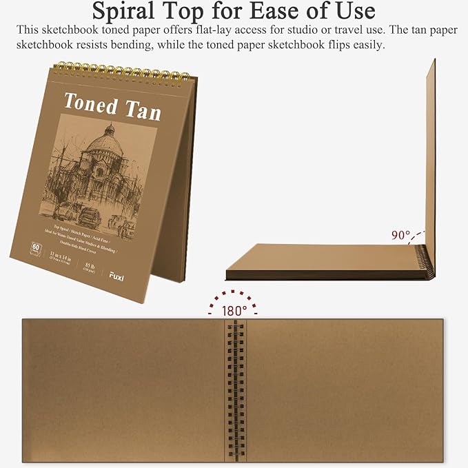 fuxi toned tan sketchbook 11x14 inch, 60 sheets, spiral bound - hard cover, acid-free drawing paper pad for artists, drawing, illustration & art students.