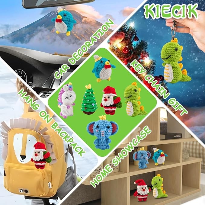 KIECIK 6Pcs Crochet Kit for Beginners, Knitting Kit for Adults, Crochet Animal Kits with Step by Step Videos Tutorials, Knitting Kit Great Birthday Holiday Gift, DIY Keychain Pendants (Set-01)