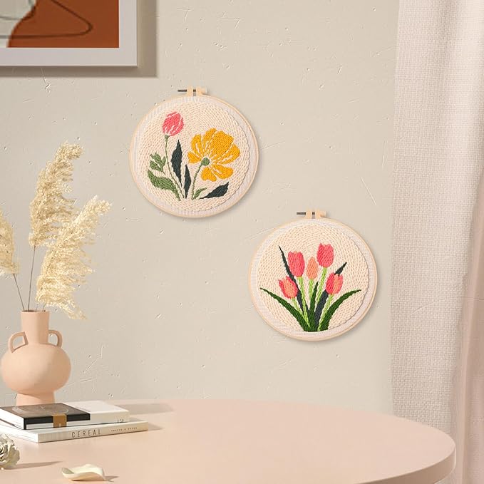 BATHRINS 2PCS Embroidery Punch Needle Kit Beginners Cross Stitch Kits Creative Easy Floral Pattern Hand Crafts with Hoop,Needle,Threads Mothers Day Gifts Crafts & Home Decor