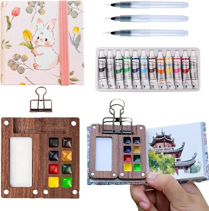 Aimery Mini Watercolor Paint Travel Set, Portable Small Miniature Pocket Water Color Painting Kit with Wooden Palette & Sketchbook(Pink Bunny)
