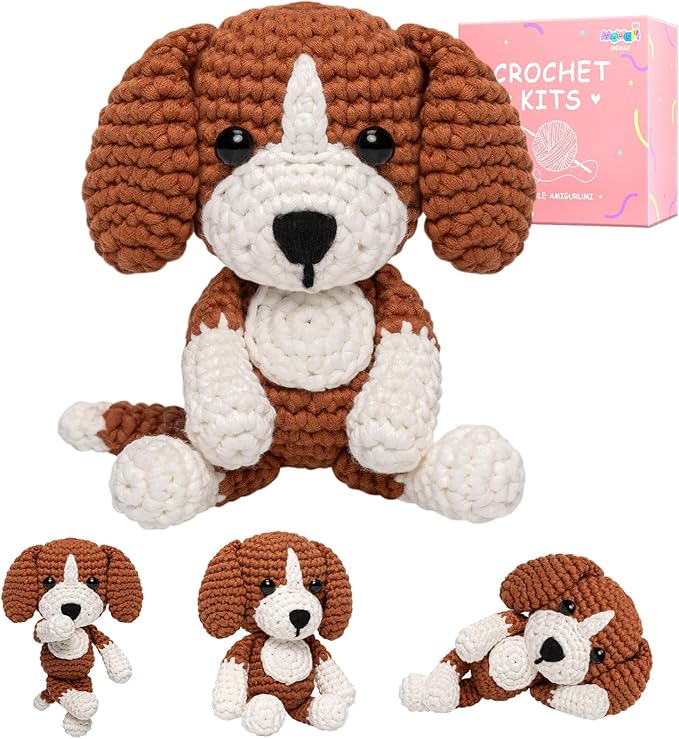 Mewaii Crochet Kit for Beginners Level 2 with 40% Extra Eco-Friendly Pre-Started Easy Yarn, Step-by-Step Video Tutorials for Adults and Kids (Sitting Puppy)