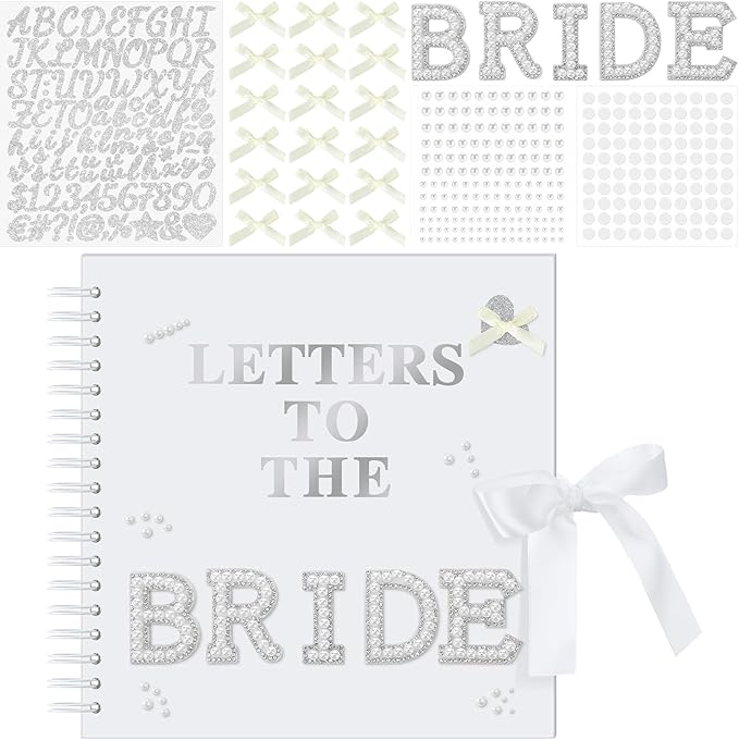 Fuyoooo 10 x 10 Inch Letters to The Bride Scrapbook Wedding Memory Book Bridal DIY Blank Paper Scrapbook Photo Album Guest Book Sign with Pearl Stickers, Metallic Letters, Bows (White)