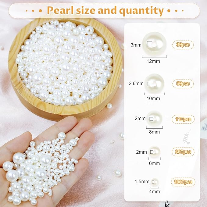 1500Pcs Pearl Beads 5 Size White Pearl Bead for Jewelry Making Crafting Charm Cute Acrylic Small Loose Round Fake Pearls with Hole Beads for Bracelet, Vase Filler, DIY Crafts, Earring