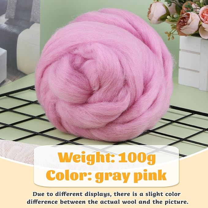 3.53oz Wool Roving, Wool Felting Supplies, Pure Wools, Chunky Yarn, Spinning Wool Roving for Needle Felting Wet Felting DIY Hand Spinning (Dark Pink)