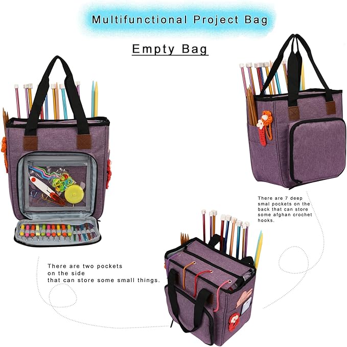 LOOEN Yarn Knitting Storage Tote-Large Capacity Crochet Organizer Portable Travel Bag with Shoulder Strap Crochet Hooks Case for Unfinished Bulk Project Purple