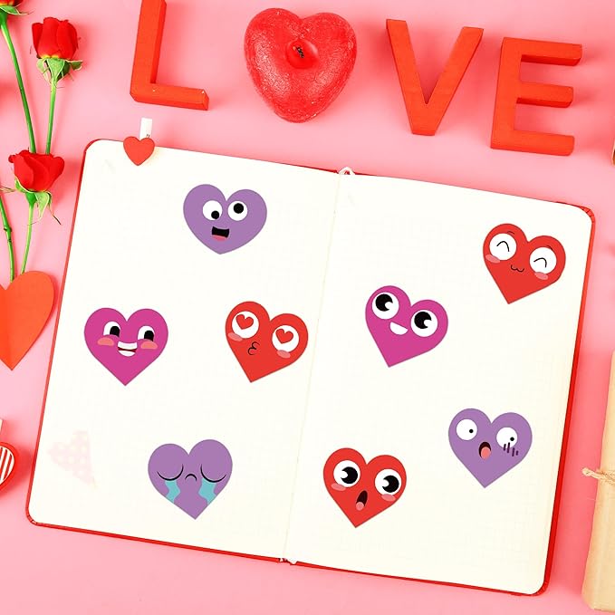 beyumi valentine smile face sticker - 1000pcs valentine's day heart shaped smile face stickers in 2 rolls cute valentine heart waterproof adhesive decal greeting card envelope party gift decor for kid