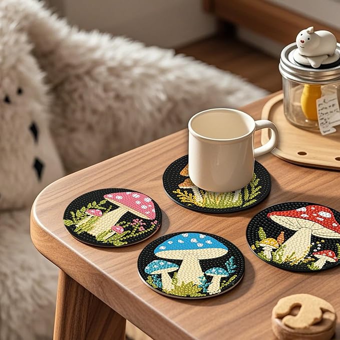 EWJRNSF 8 PCS 5D Diamond Painting Coasters Kits with Holder, Small Diamond Art Kits for Adults Beginners Diamond Dots Arts and Crafts Gems Supplies Item Mushroom Shaped