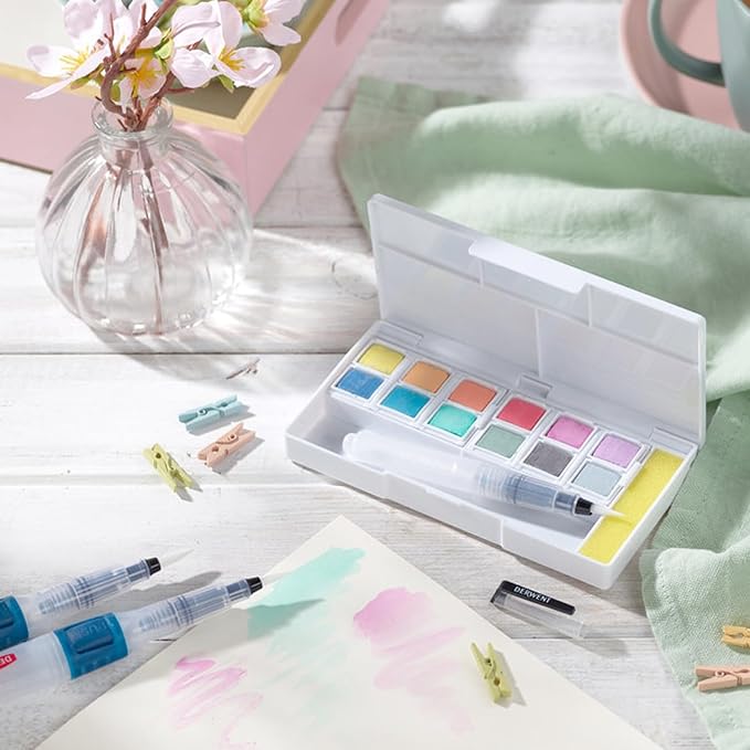 Derwent Pastel Shades Paint Set, Professional Quality Long Lasting Colors, Highly Pigmented Palette, Portable, Travel Set Includes 12 Paint Pans, Mini Waterbrush, Mixing Palettes, Sponge