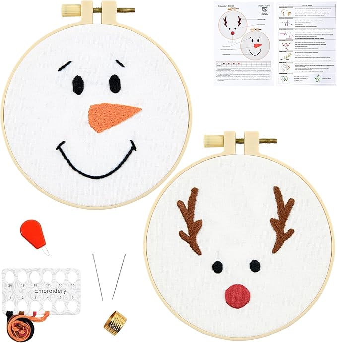 Christmas Embroidery Kits for Beginners Adults, Cute Embroidery Christmas Ornament Kits, Xmas Cross Stitch Kits for Beginners Craft Kits for Adults Women, 2 Sets Embroidery Hoops & Video Tutorial