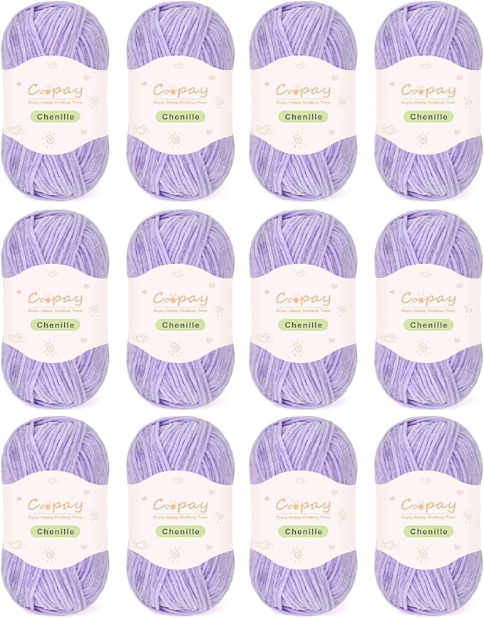 Coopay Skinny Chenille Yarn for Crocheting and Knitting, 12 Pack of 50g/1.76oz - 1764yd Total, Crochet Yarn of Light Weights - Suitable for Baby Blankets, Plush Toys, Garments - Super Soft (Purple)