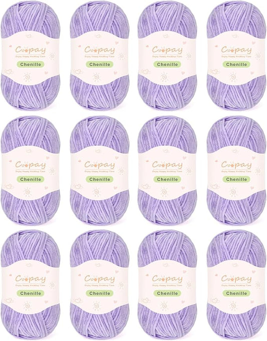 Coopay Skinny Chenille Yarn for Crocheting and Knitting, 12 Pack of 50g/1.76oz - 1764yd Total, Crochet Yarn of Light Weights - Suitable for Baby Blankets, Plush Toys, Garments - Super Soft (Purple)