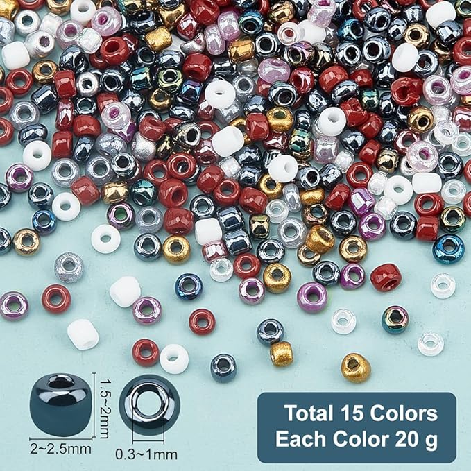 NBEADS 300G 2-2.5mm Glass Seed Beads Tiny, 15 Colors Small Pony Spacer Beads for DIY Craft Bracelet Necklace Jewelry Making, 20g/Color, 2 Tone Color Mixing