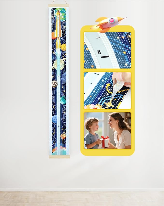 ForeverYoung DIY Growth Chart for Wall Diamond Art Kits for Kids Diamond Painting Kits for Adults, Square Drill Diamond Painting Kit, Gem Art Kit with Diamond Dots, Rocket Height Chart 52.3 x 5.1 Inch