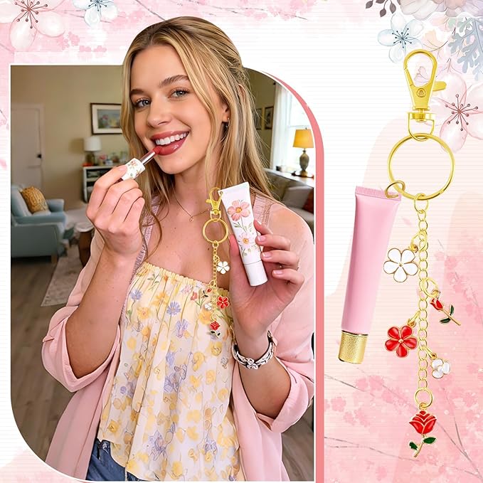 PYURTHITY 254 Pcs Flower Charms Lip Gloss Keychain Making Kit Include Colorful Floral Enamel Charms Keychain Clips Extender Chains Jump Ring Plier DIY Jewelry Crafts Gifts for Women Adults