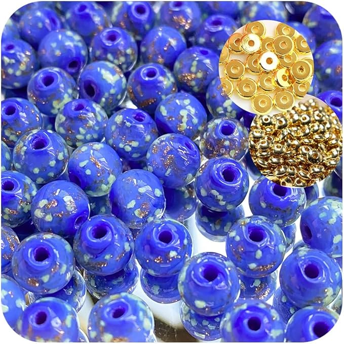 8mm 200pcs Glow in the Dark Glass Beads with Holes for Jewelry Making Bracelets Earrings Necklace Bulk Lampwork Solar Unique DIY Crafts Gold Spacer Beads Kit(100pcs Beads+100pcs Spacer)