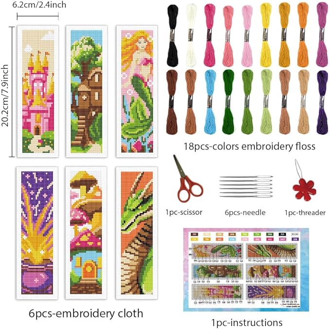 INFUNLY 6 Set Fairytale Elements Cross Stitch Bookmark Kits 8"x2.4" DIY Mermaids Embroidery Bookmark Kits for Beginners with Instruction Cartoon Castle Bookmark Making Kit for Book Lovers Reader Gift