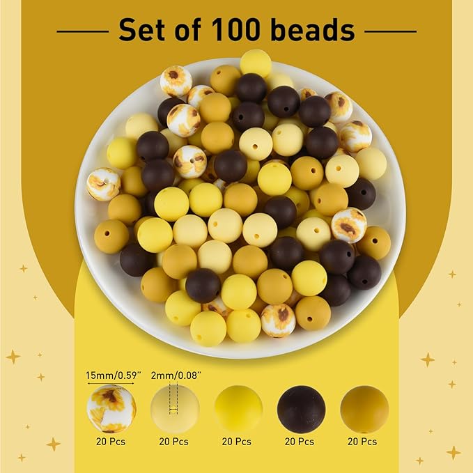 ASTARON 100 Pcs 15mm Silicone Beads for Keychain Making, Browm Yellow Beads Bulk Round Beads for Bracelets Crafts Beadable Pens Decorations Jewelry Making Party Favors Supplies