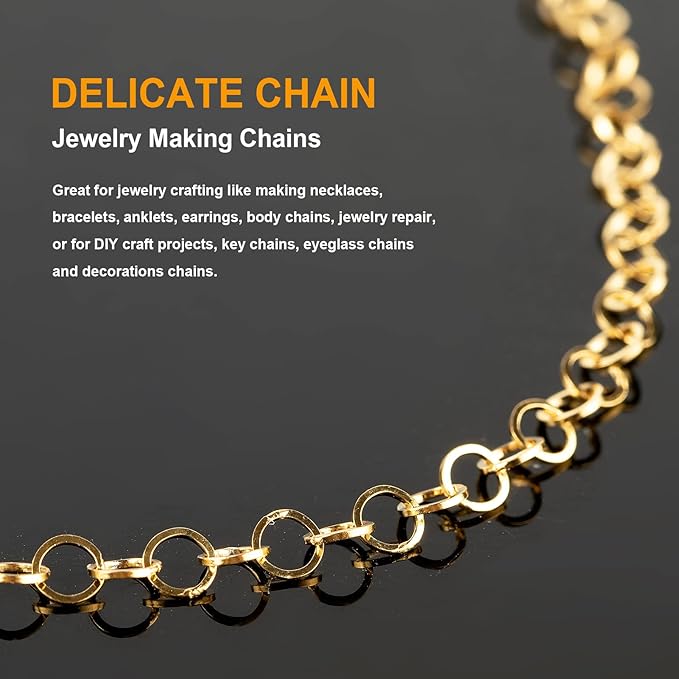 KYUNHOO 16.4 Feet Gold Plated Stainless Steel Jewelry Making Chains 4mm Circle Link Chain Bulk for Women Bracelet Necklace DIY Crafts Jewelry Supplies with Jump Rings and Lobster Clasps