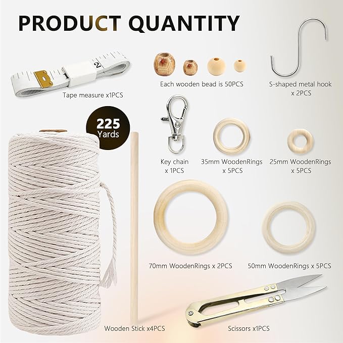 227pcs Macrame Kits 3mm 115yards Wall Hanging Natural Cotton Macrame Cord with Wooden Beads & Rings Wooden Sticks, Metal S-hooks Supplies for Hanging Plant Hand Tassel weaving