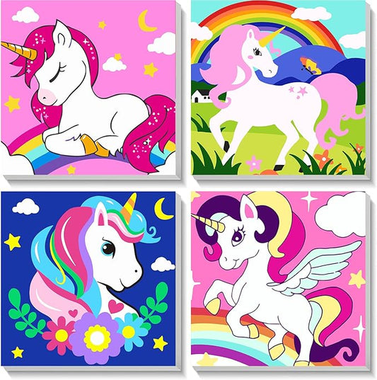 4 Pack Cartoon Paint by Number for Kids with Wooden Frame, Cartoon Paint by Numbers for Kids Ages 4-8-12, Easy Painting with Numbers DIY Acrylic Oil Painting Kits for Home Wall Decor (8X8 inch)