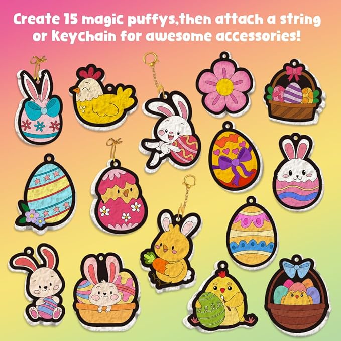 MZYTOZA Magic Foam Texture Painting Kit - 3D Art Craft Aqua Magic Puffs Paint Kit, 15 Mess-Free Paint by Number Craft for Kids (Double-Sided Aqua Magic Puffs Easter Bunny)