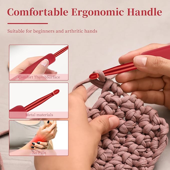 CLYAIYLC 9 Size Red Crochet Hook Set, 2.0-6.0mm Soft Touch Aluminum Crochet Hooks Ergonomic Crochet Hooks for Arthritic Hands,Ideal Gift for Beginner Lover