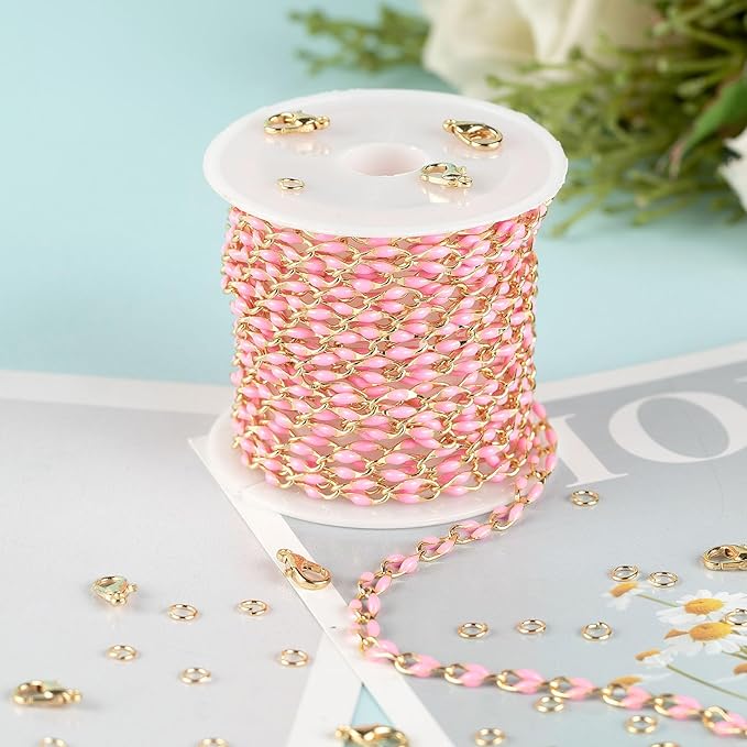 Pink Enamel Chain for Jewelry Making, 2 Meters Gold Plated Brass Cable Link Chain Roll with 30pcs Jump Rings and 10pcs Lobster Clasps