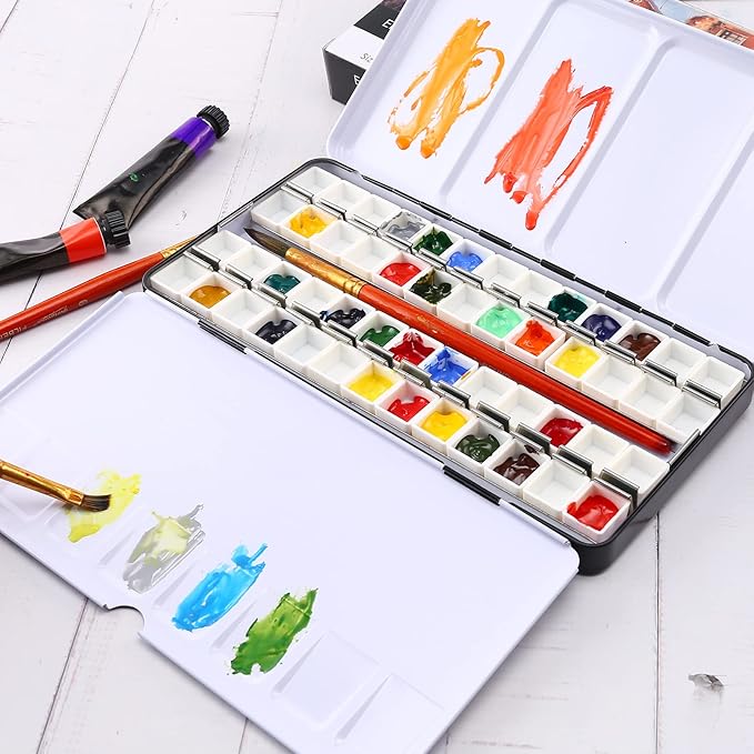 LOONENG Empty Watercolor Palette, Metal Watercolor Tin with Fold-Out Palette, Large Watercolor Tray Palette with 52 Empty Watercolor Half Pans for Plein Air Painting, Acrylic and Oil Painting
