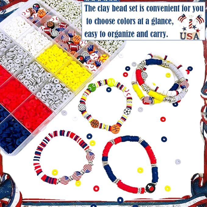 MIIIM Sports Clay Beads Kit for Bracelets Making, Football Heishi Beads, 4th of July Beads Clay Charms and Silver Spacers for Jewelry Making, Friendship Bracelet Kit for Crafts, Concert, Raves