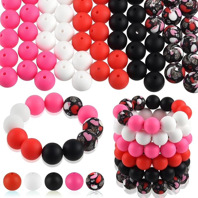 ASTARON 100 Pcs 15mm Silicone Beads for Keychain Making, Red Pink Black White Silicone Beads Bulk Round Beads for Bracelets Pens Crafts Supplies