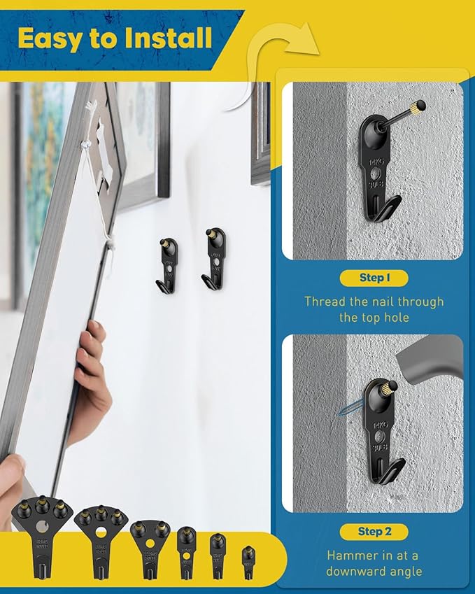 Uniclife 152 Pcs Picture Hanging Kit, 10 lb, 20 lb, 30 lb, 50 lb, 75 lb, 100 lb Heavy Duty Picture Hangers for Drywall & Wood, Picture Hanging Hooks for Hanging Photos Mirrors Paintings,Black