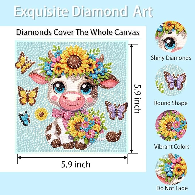4 Pack 5D Animals Diamond Painting Kits for Kids- Crystal Diamond Art for Adults Kids, DIY Full Drill Animal Family Gem Art Picture, Adults Gem Dot Crafts for Home Wall Decor 6x6 inch(without frame)