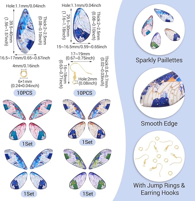 FASHEWELRY 16Pcs Transparent Resin Butterfly Wing Charms for Jewelry Making, Flower Leaf Print Colorful Insects Wing Pendant Earrings Making Kit with Earring Hook Jump Rings