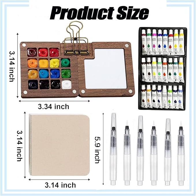 Tobeno1 Mini Watercolor Paint Set, Wooden Mini Portable Paint Palette Travel Kit, with Paint, Brush, Sketchbook & Copper Clip, for Beginners, Artists & Painting Enthusiasts (1 Set)