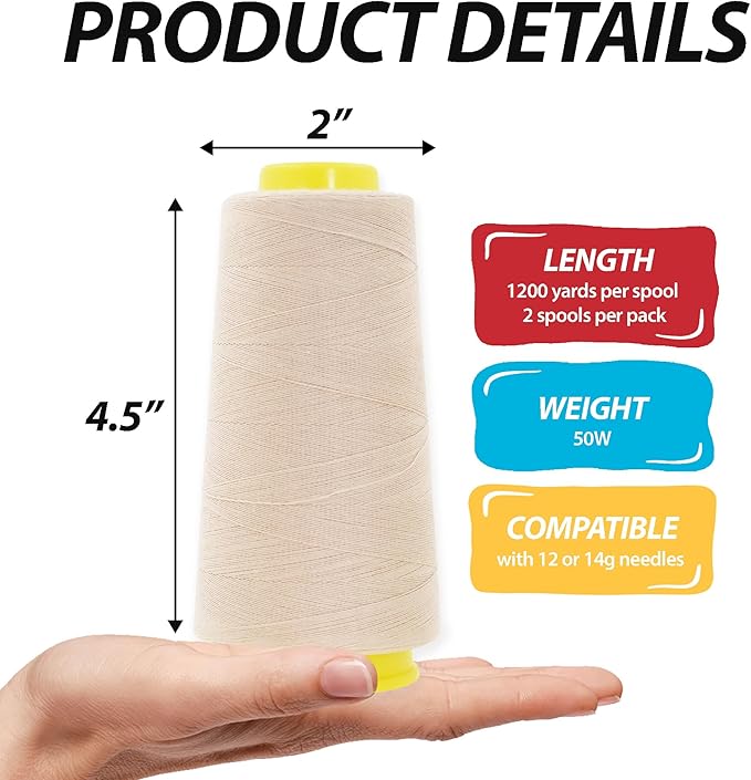 Mandala Crafts Cream Thread Cones for Machine and Hand Quilting - 2400 Yds 50 WT Multiple Purpose Mercerized 100% Cotton Threads for Sewing Machine Serger Embroidery
